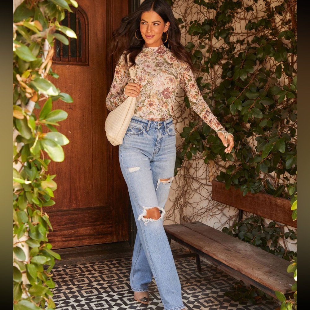 Nasha Floral Mesh Mock Neck Top